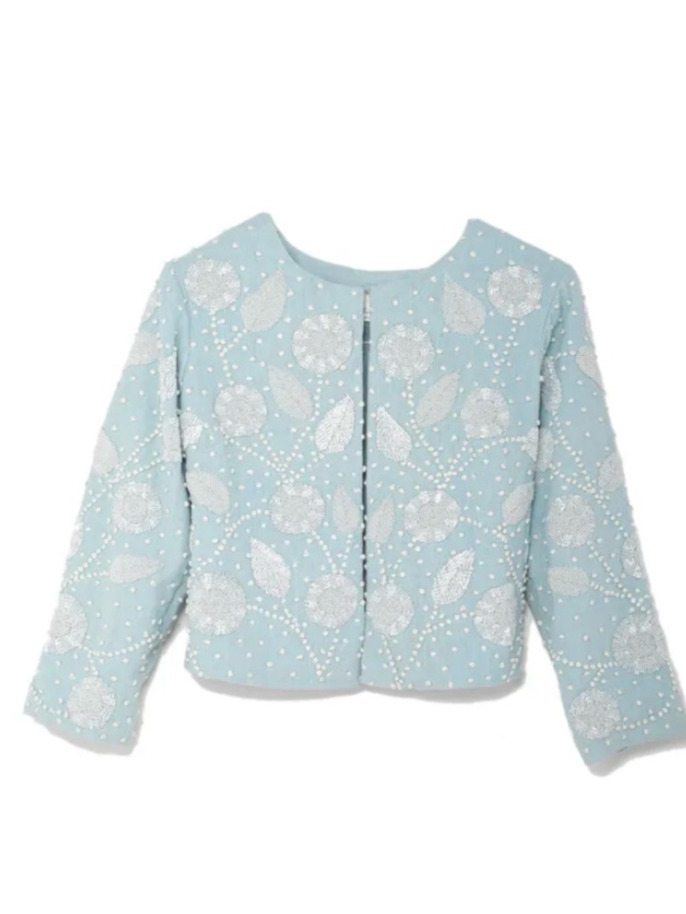 NWT Cotton Beaded Floral Cropped Jacket Pale Blue size M
